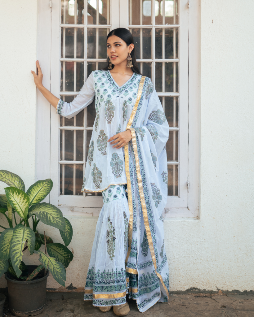 Mughal Powder Blue Boota Anarkali Set