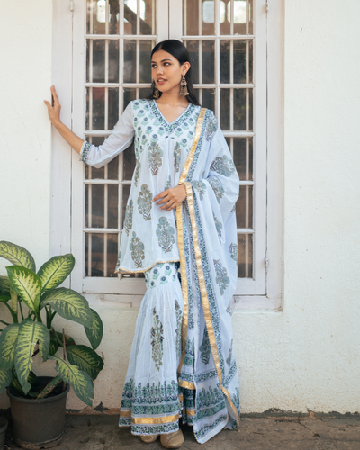 Powder Blue Block Printed Sharara Set