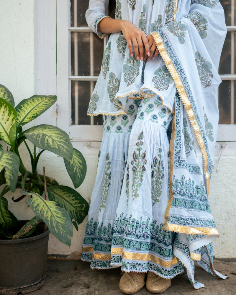 Powder Blue Block Printed Sharara Set cotton by Maison Shefali in blue color for women Worldwide