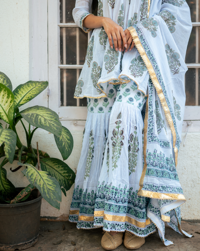 Powder Blue Block Printed Sharara Set