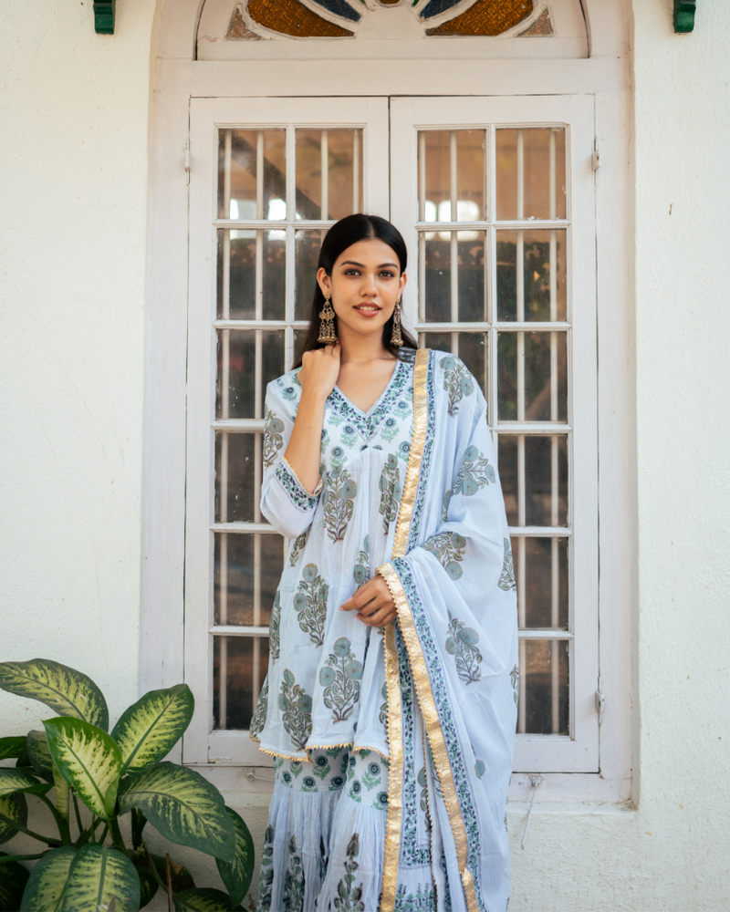 Mughal Powder Blue Boota Anarkali Set cotton by Maison Shefali in blue color for women Worldwide