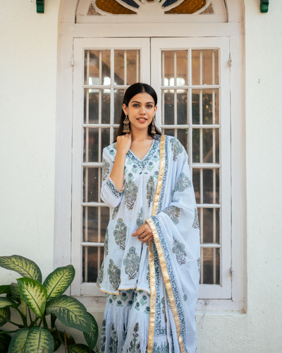 Powder Blue Block Printed Sharara Set