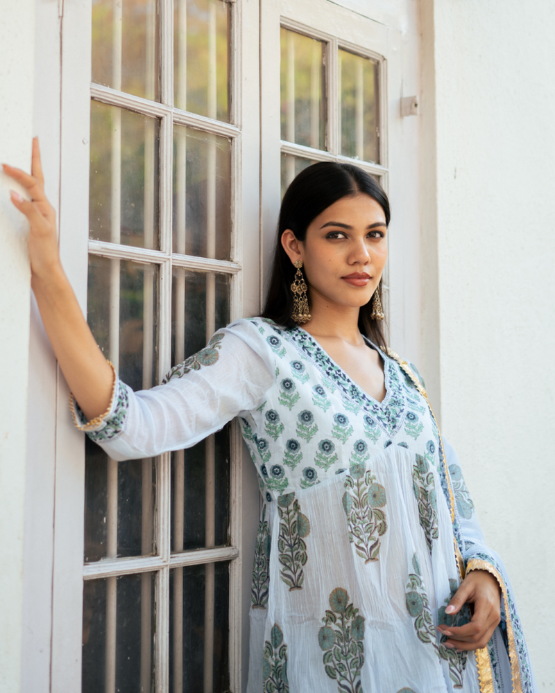 Powder Blue Block Printed Sharara Set cotton by Maison Shefali in blue color for women Worldwide