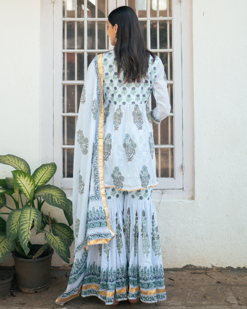 Mughal Powder Blue Boota Anarkali Set cotton by Maison Shefali in blue color for women Worldwide