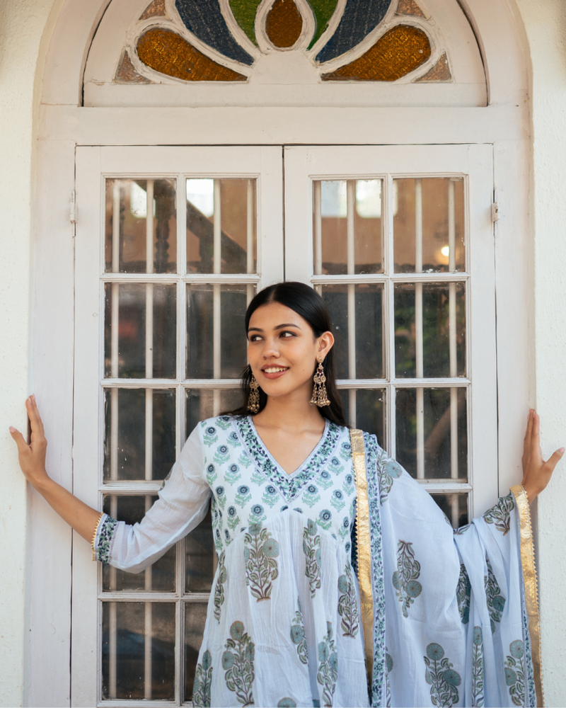 Mughal Powder Blue Boota Anarkali Set cotton by Maison Shefali in blue color for women Worldwide