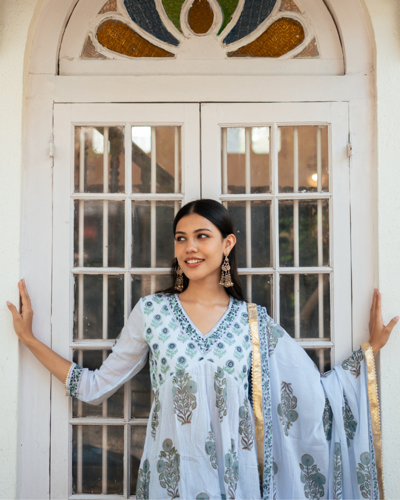 Mughal Powder Blue Boota Anarkali Set