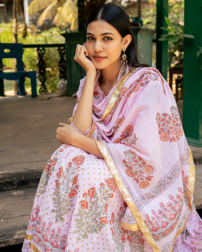Mughal Pink Boota Anarkali Set cotton by Maison Shefali in pink color for women Worldwide