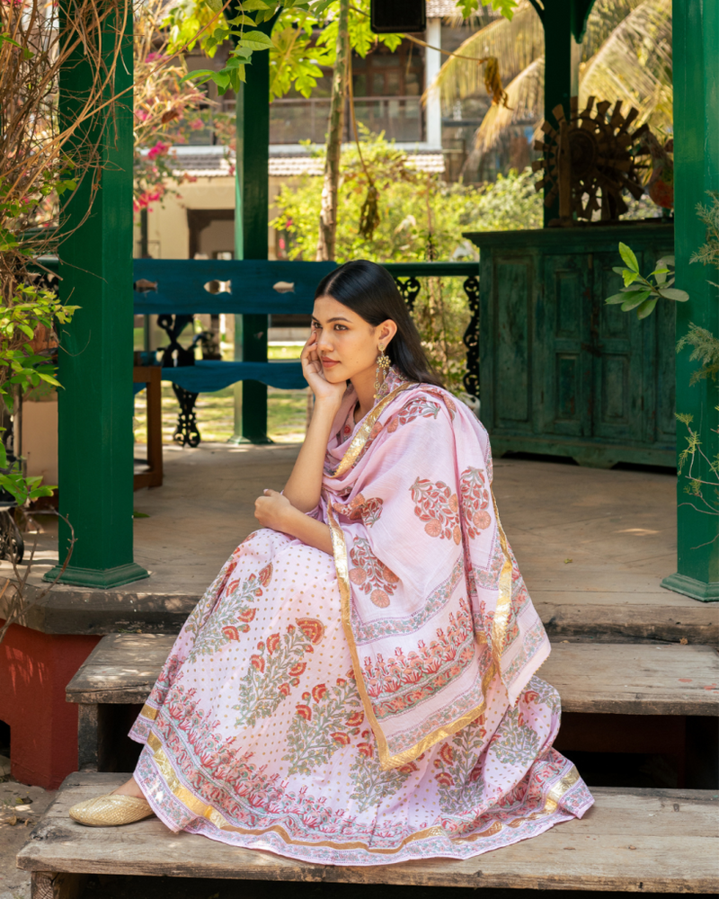 Mughal Pink Boota Anarkali Set cotton by Maison Shefali in pink color for women Worldwide