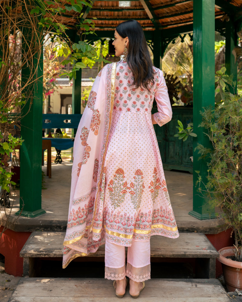Mughal Pink Boota Anarkali Set cotton by Maison Shefali in pink color for women Worldwide