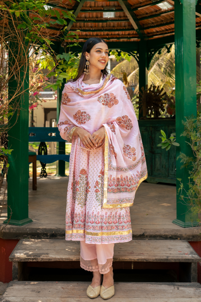 Mughal Pink Boota Anarkali Set cotton by Maison Shefali in pink color for women Worldwide