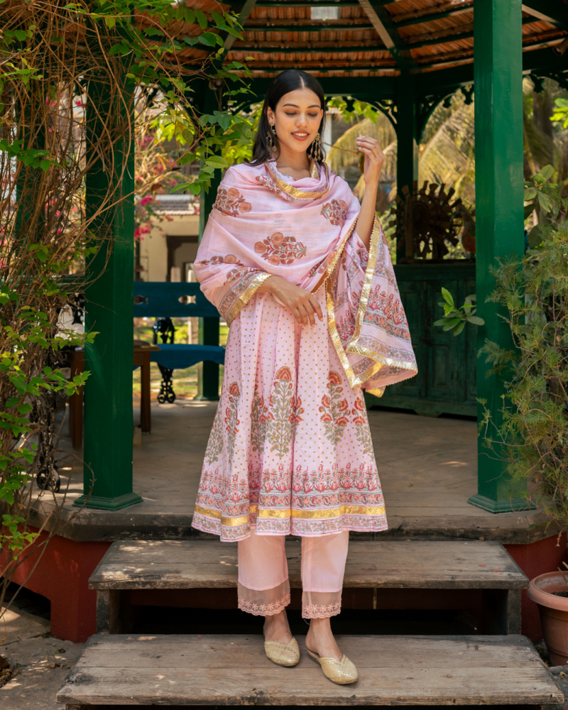 Mughal Pink Boota Anarkali Set cotton by Maison Shefali in pink color for women Worldwide