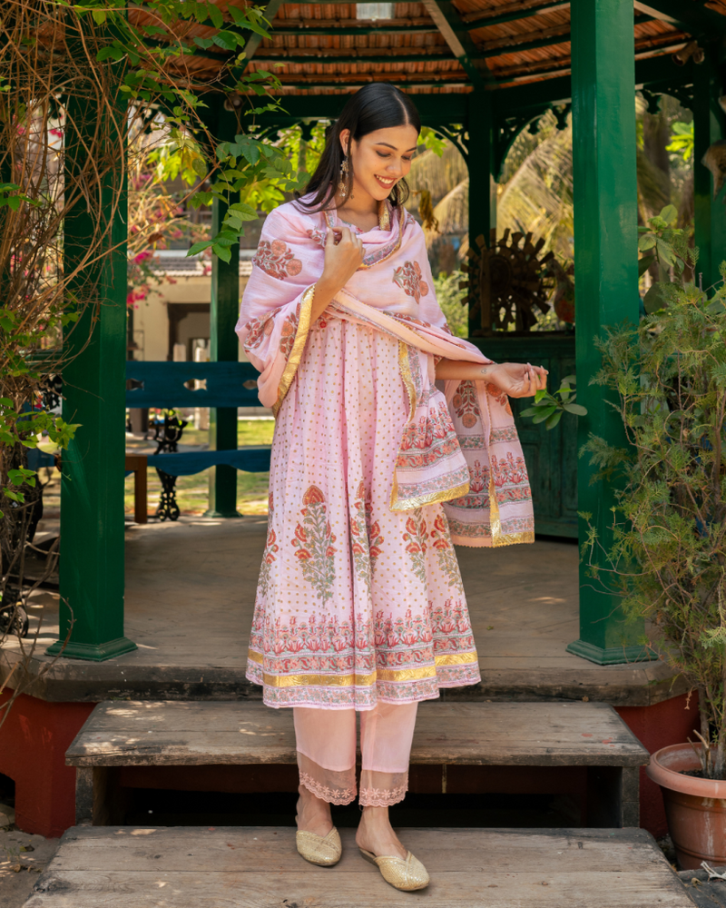 Mughal Pink Boota Anarkali Set cotton by Maison Shefali in pink color for women Worldwide
