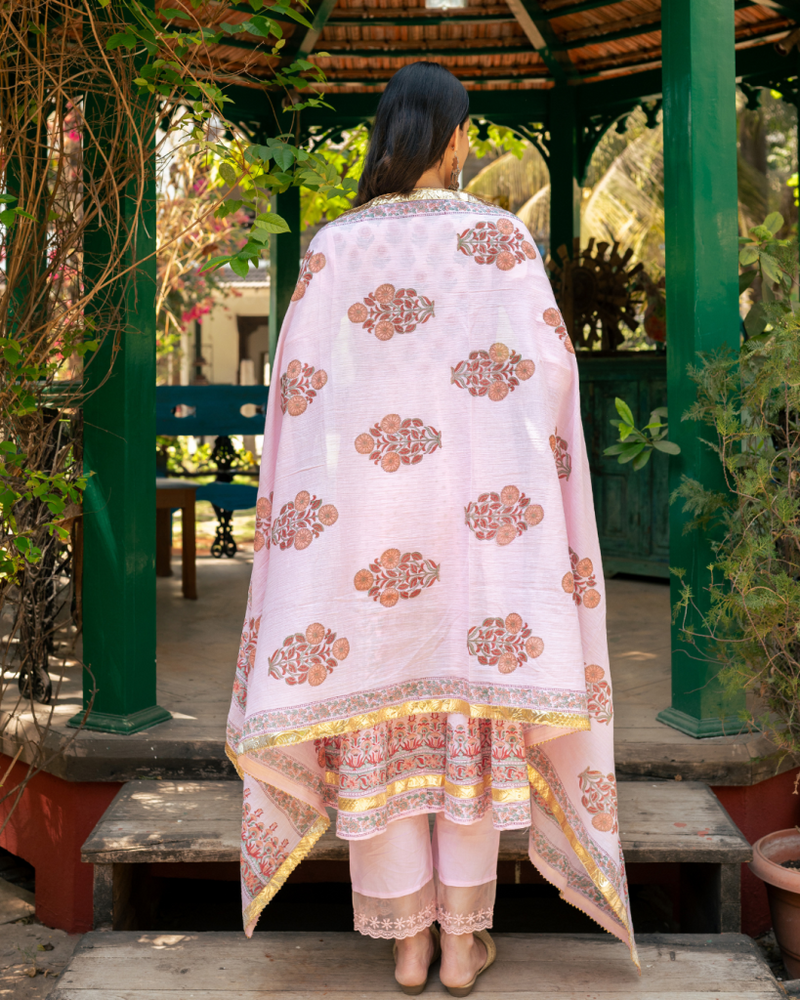 Mughal Pink Boota Anarkali Set cotton by Maison Shefali in pink color for women Worldwide