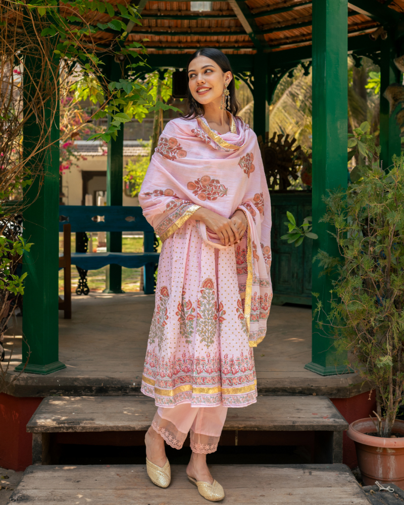 Mughal Pink Boota Anarkali Set cotton by Maison Shefali in pink color for women Worldwide