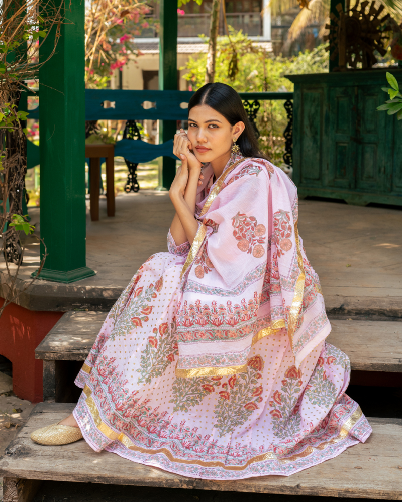Mughal Pink Boota Anarkali Set cotton by Maison Shefali in pink color for women Worldwide