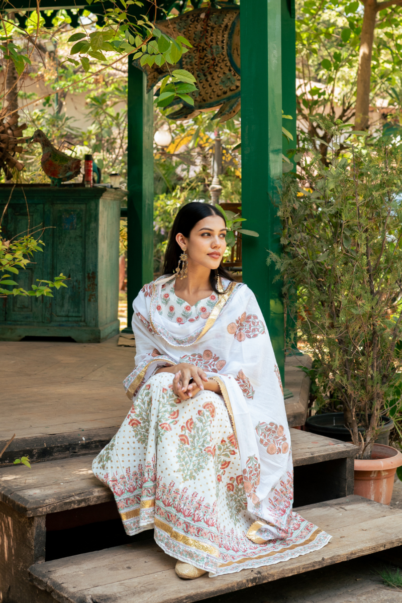 Mughal Peach Boota Anarkali Set cotton by Maison Shefali in peach color for women Worldwide