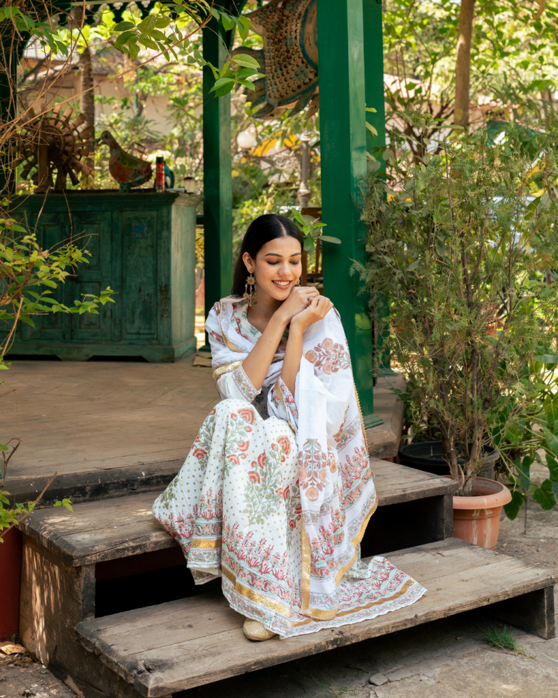 Mughal Peach Boota Anarkali Set cotton by Maison Shefali in peach color for women Worldwide