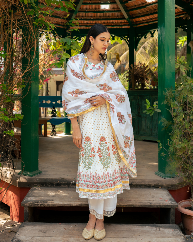 Mughal Peach Boota Anarkali Set cotton by Maison Shefali in peach color for women Worldwide