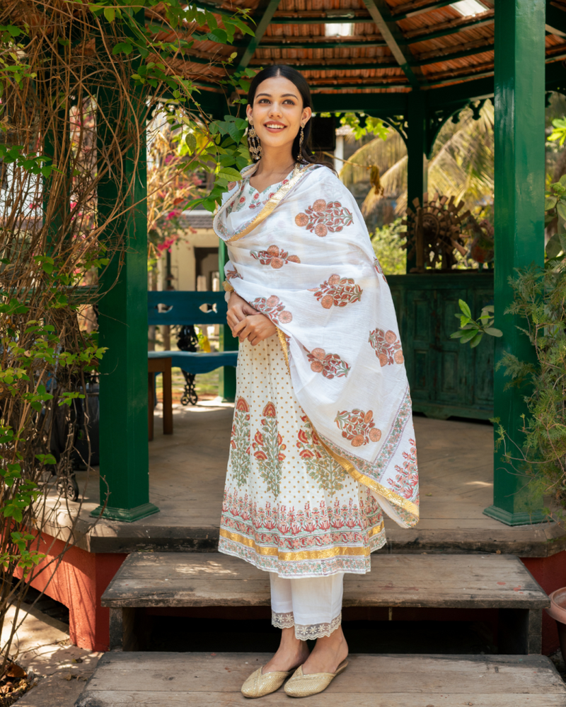 Mughal Peach Boota Anarkali Set cotton by Maison Shefali in peach color for women Worldwide