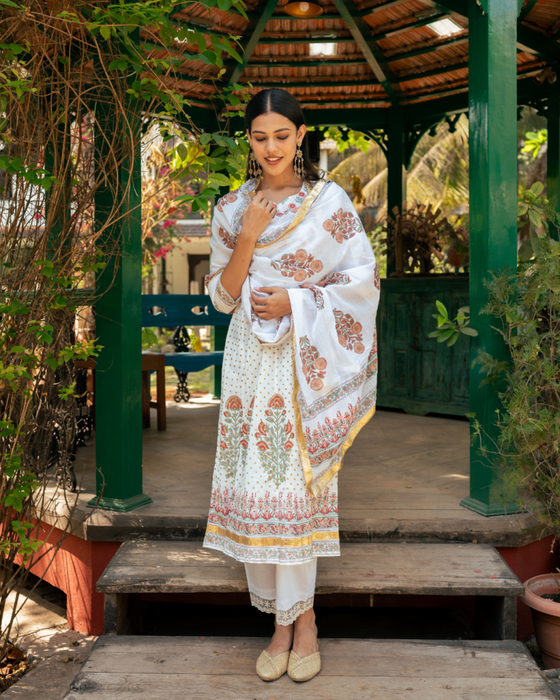 Mughal Peach Boota Anarkali Set cotton by Maison Shefali in peach color for women Worldwide
