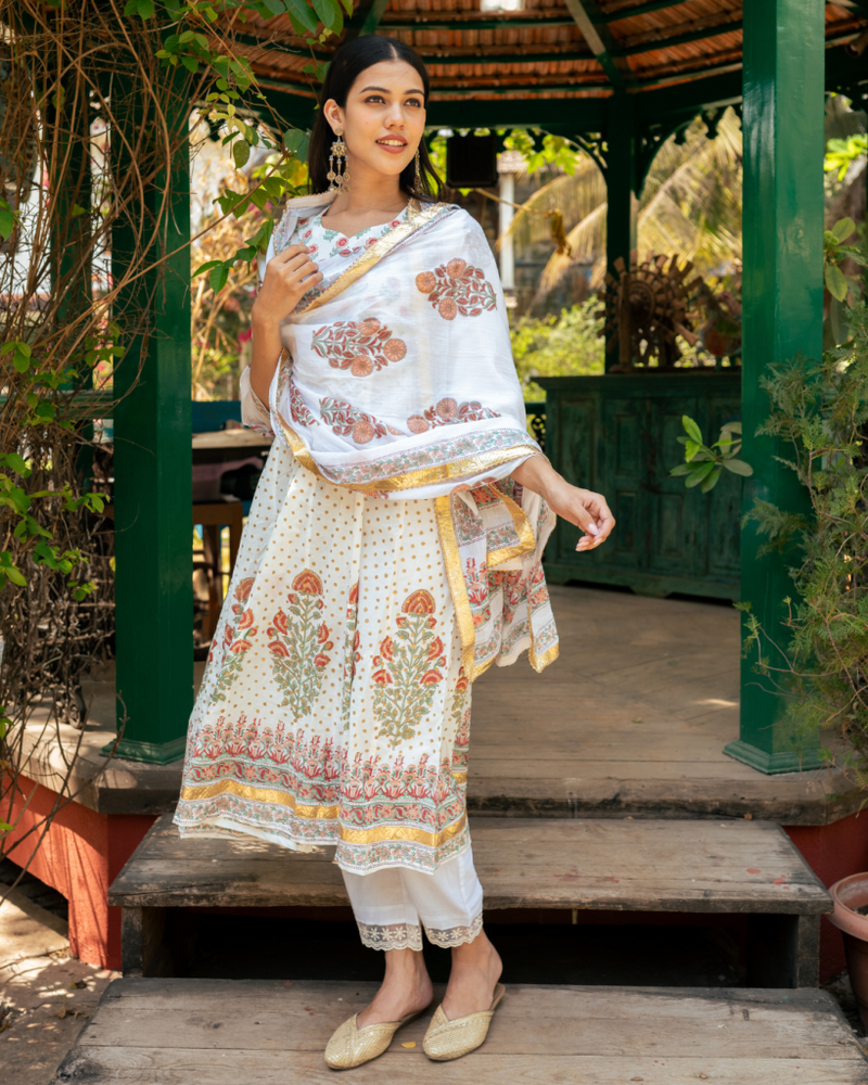 Mughal Peach Boota Anarkali Set cotton by Maison Shefali in peach color for women Worldwide