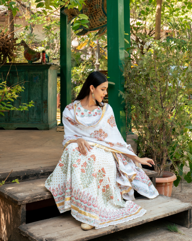 Mughal Peach Boota Anarkali Set cotton by Maison Shefali in peach color for women Worldwide