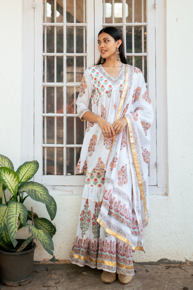 Peach Block Printed Sharara Set cotton by Maison Shefali in peach color for women Worldwide