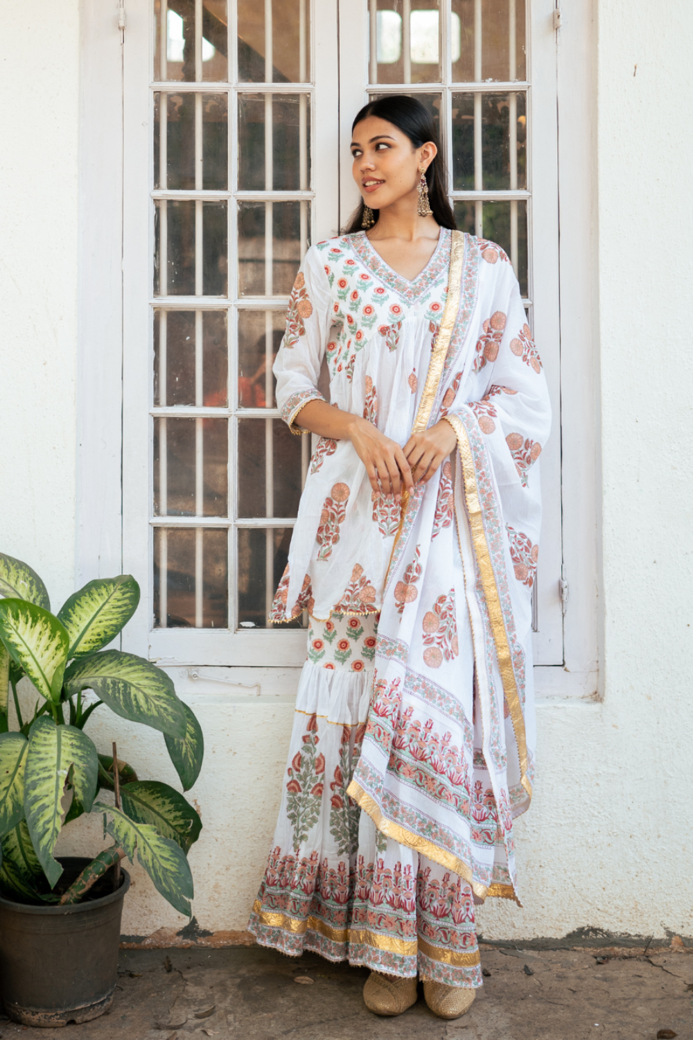 Peach Block Printed Sharara Set