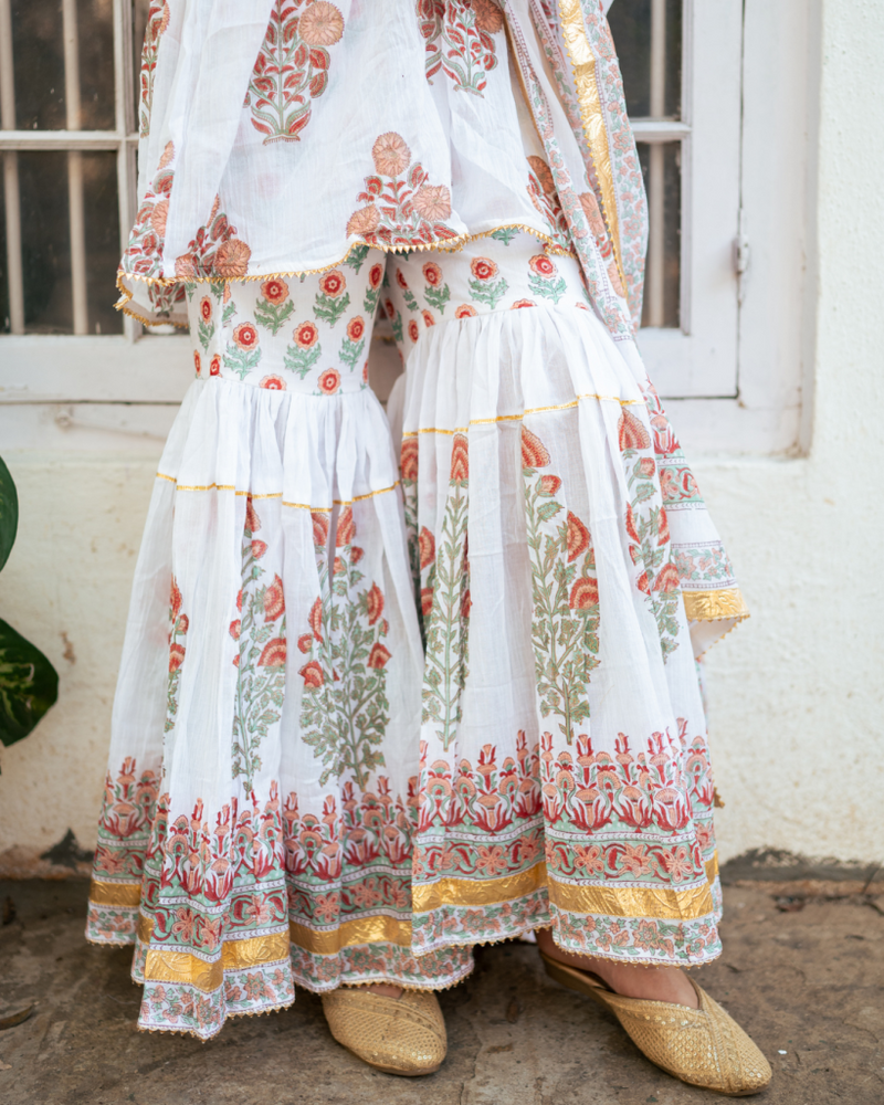 Peach Block Printed Sharara Set cotton by Maison Shefali in peach color for women Worldwide