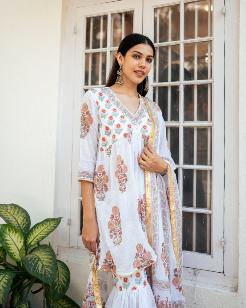 Peach Block Printed Sharara Set cotton by Maison Shefali in peach color for women Worldwide