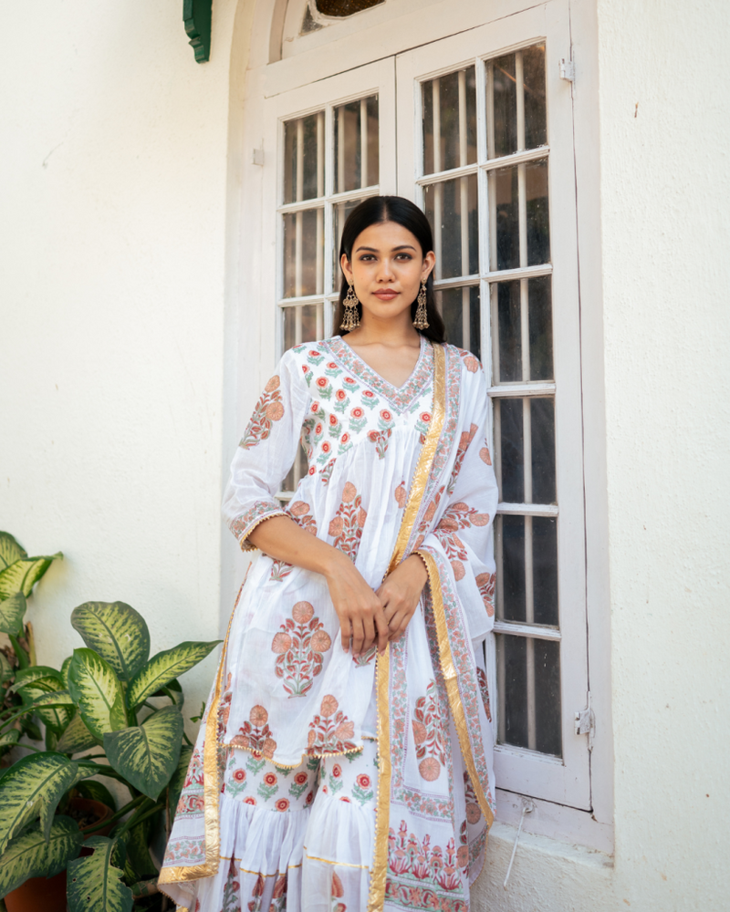 Peach Block Printed Sharara Set cotton by Maison Shefali in peach color for women Worldwide