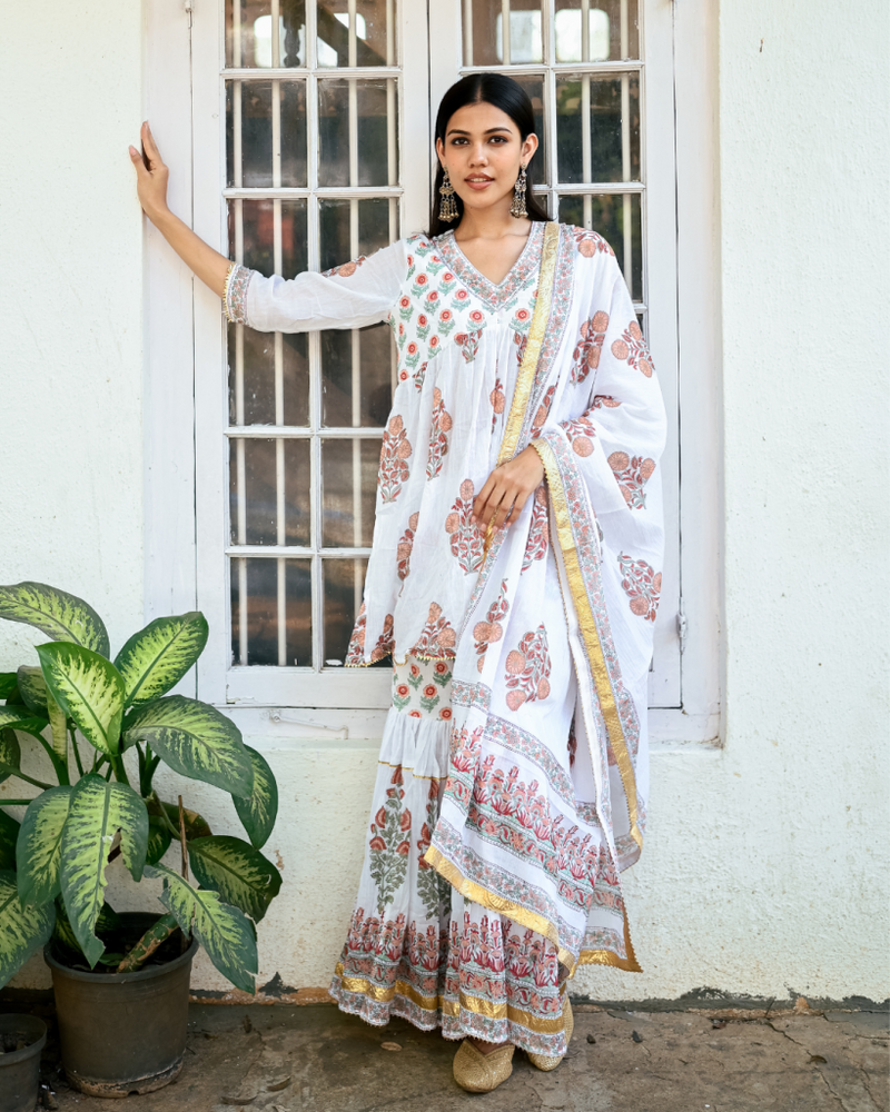 Peach Block Printed Sharara Set cotton by Maison Shefali in peach color for women Worldwide