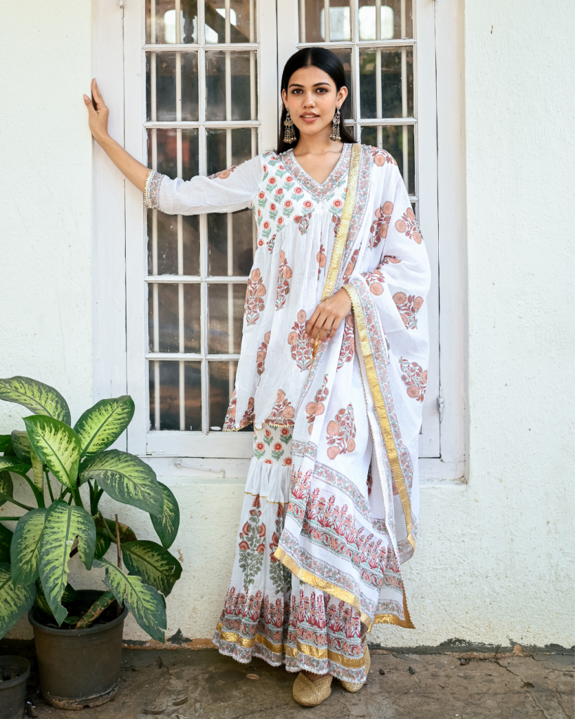 Peach Block Printed Sharara Set