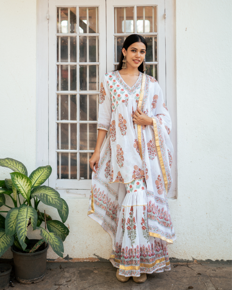 Peach Block Printed Sharara Set cotton by Maison Shefali in peach color for women Worldwide