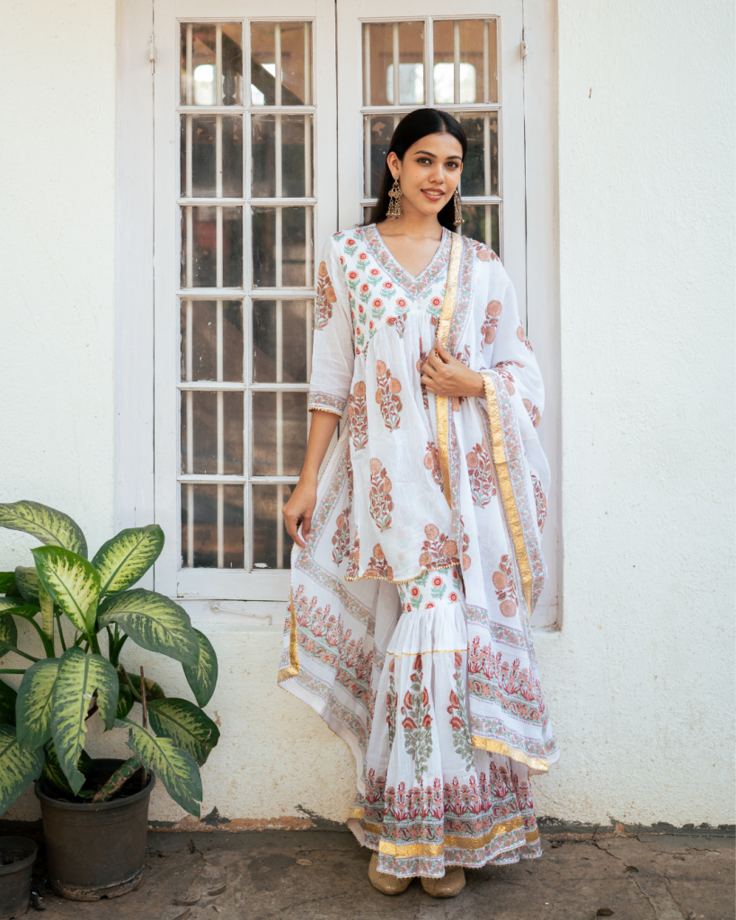 Peach Block Printed Sharara Set