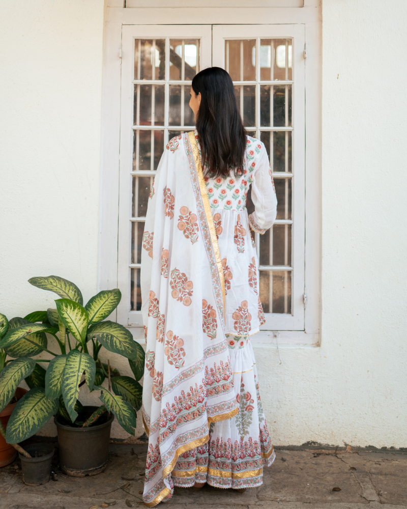 Peach Block Printed Sharara Set cotton by Maison Shefali in peach color for women Worldwide