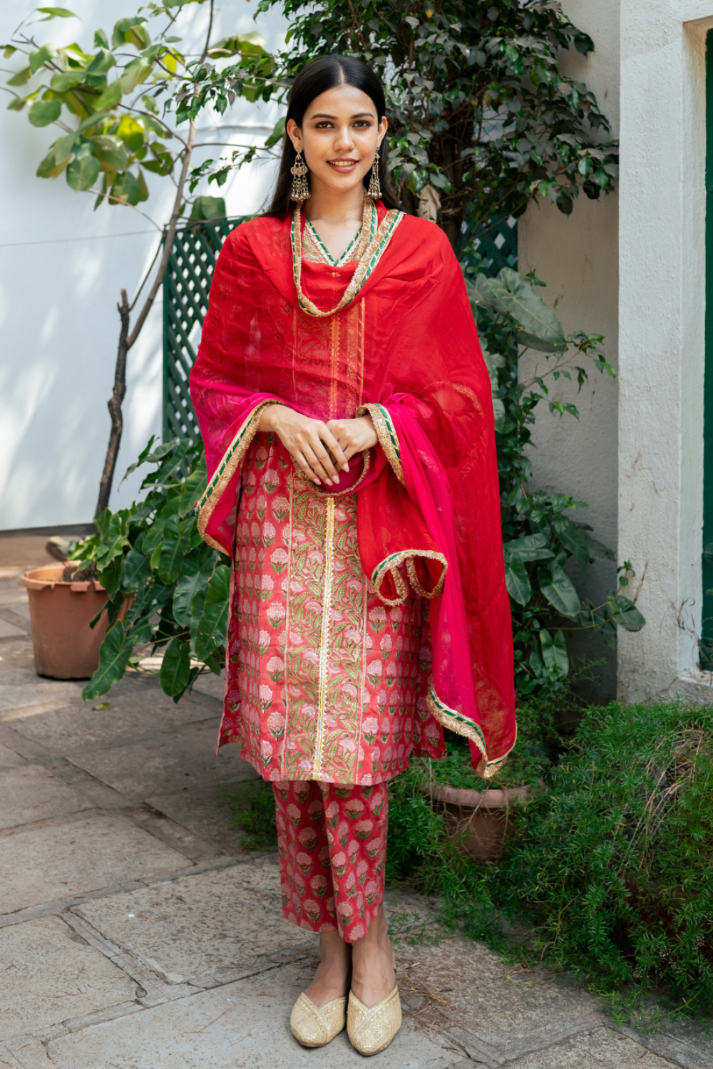 Red Block Printed Kurta Set