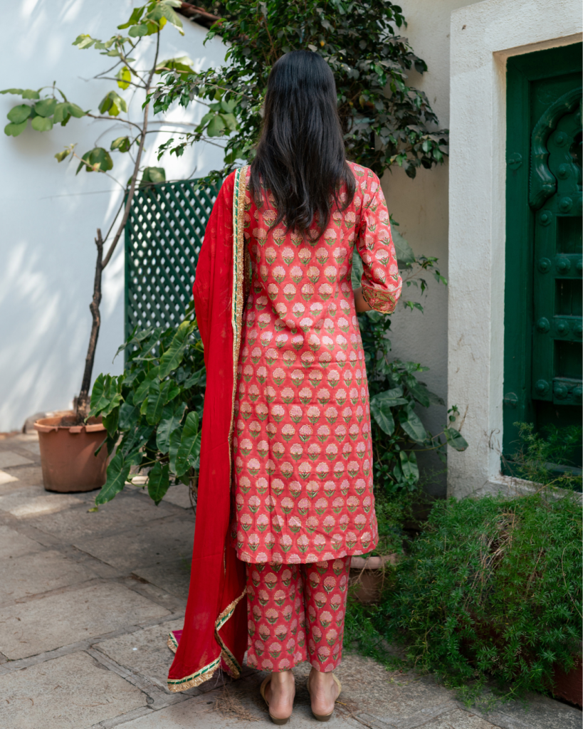 Red Block Printed Kurta Set