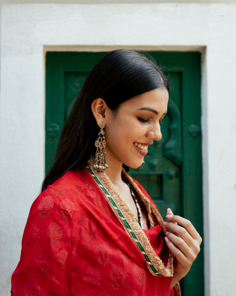 Red Block Printed Kurta Set cotton by Maison Shefali in red color for women Worldwide