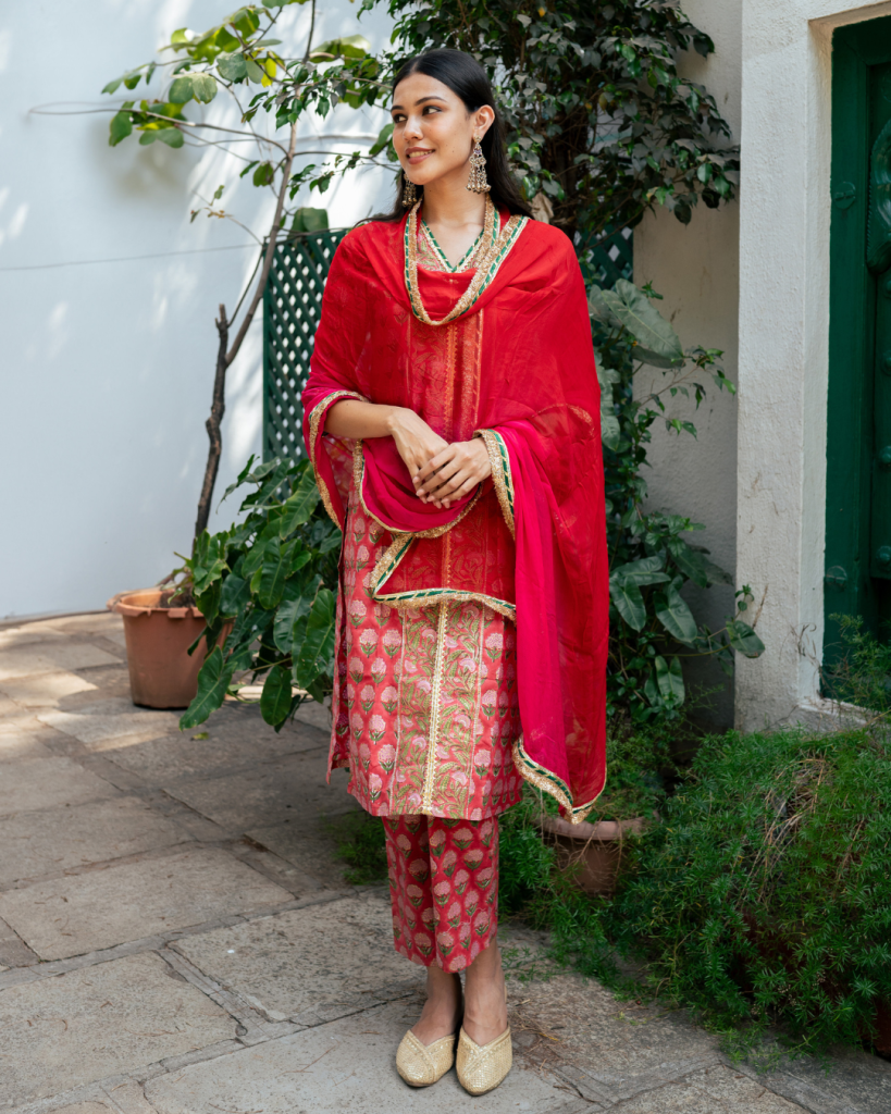 Red Block Printed Kurta Set