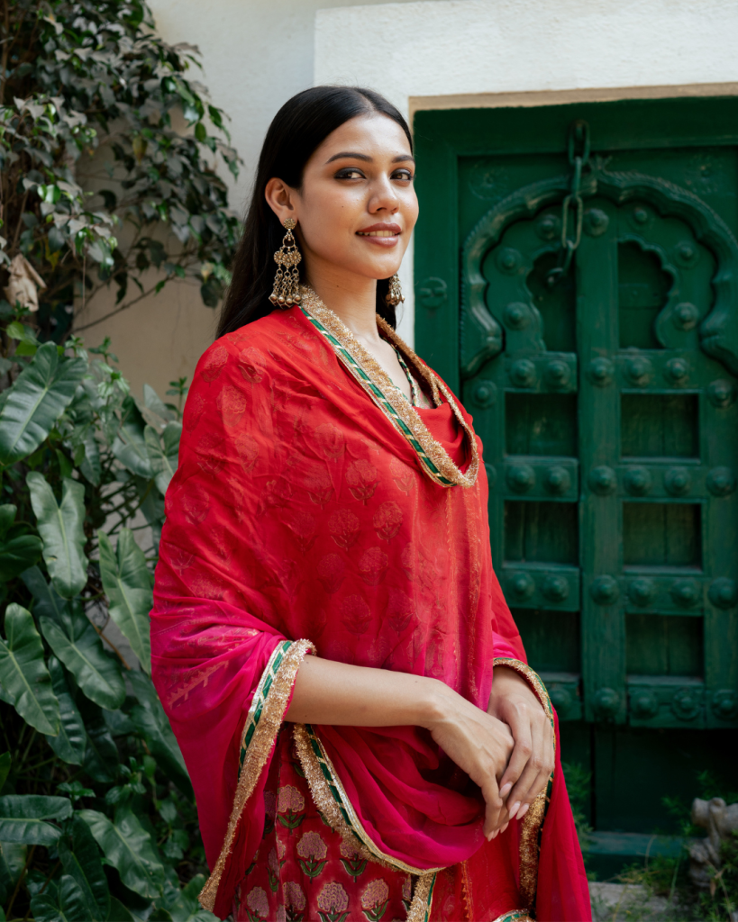 Red Block Printed Kurta Set