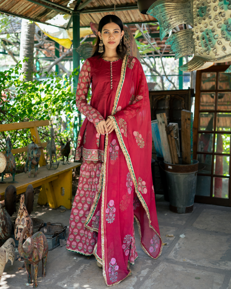 Wine Block Printed Anarkali Set cotton by Maison Shefali for women Worldwide