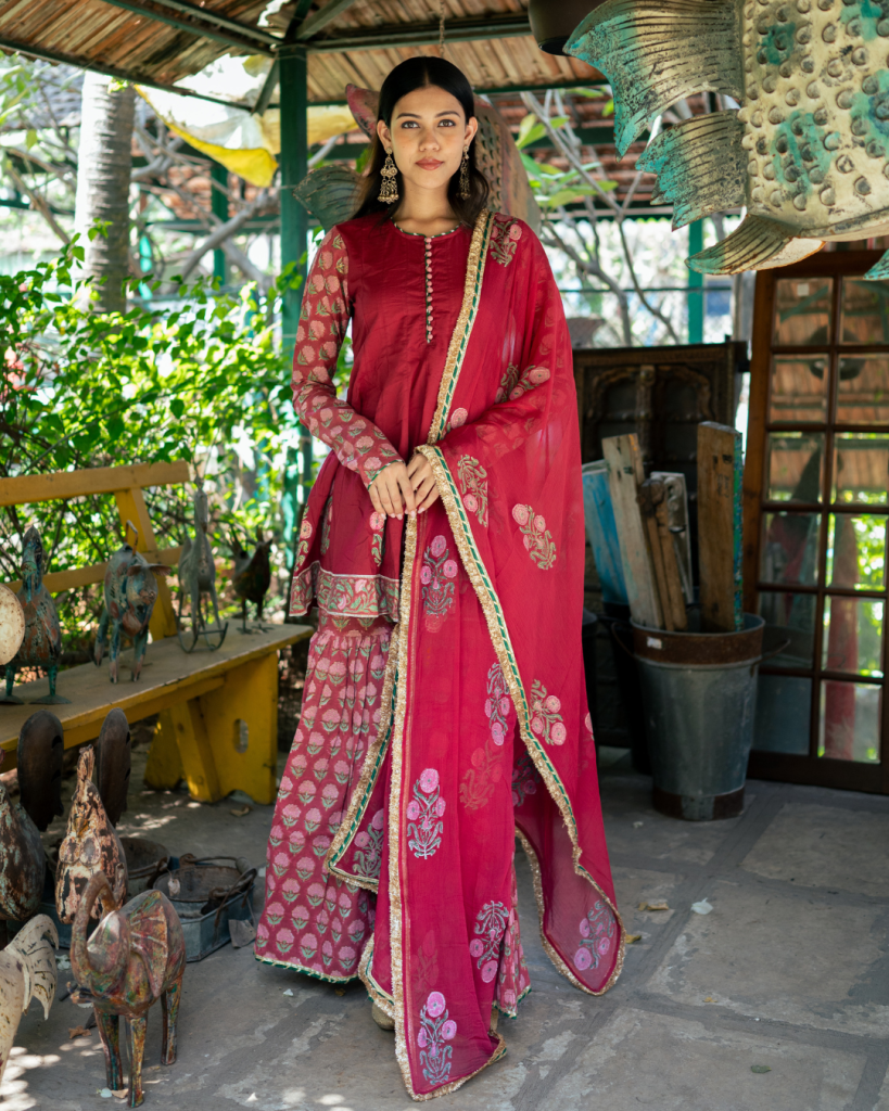 Wine Block Printed Anarkali Set- Size S