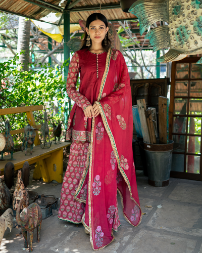 Wine Block Printed Anarkali Set