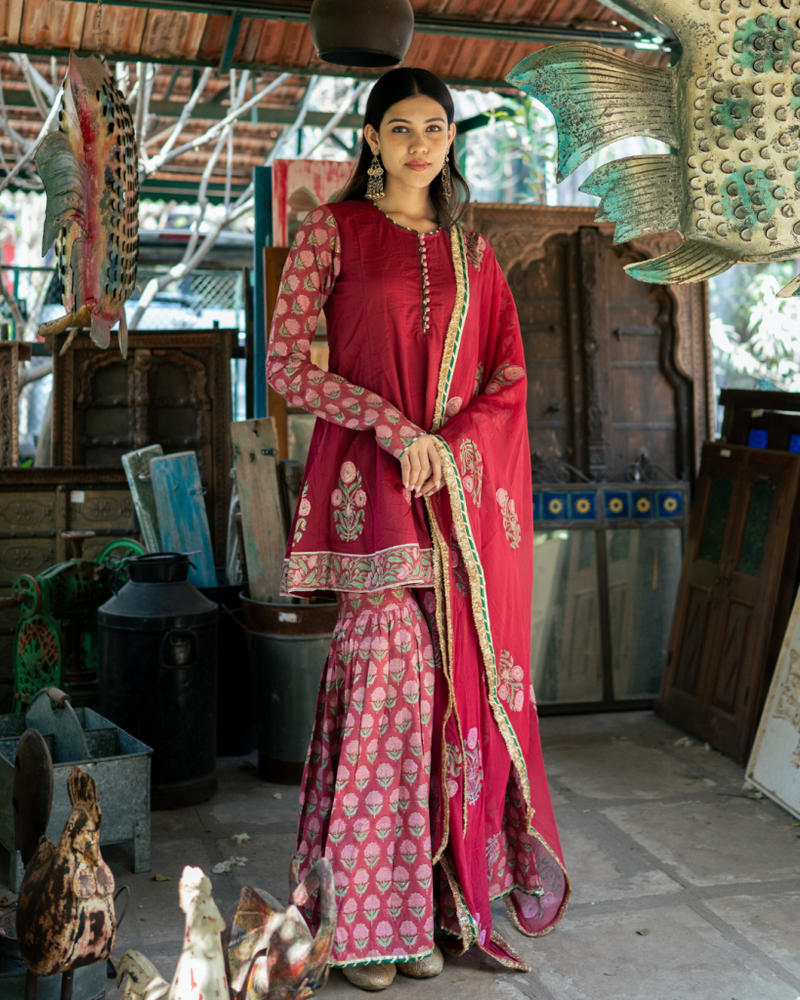Wine Block Printed Anarkali Set cotton by Maison Shefali for women Worldwide