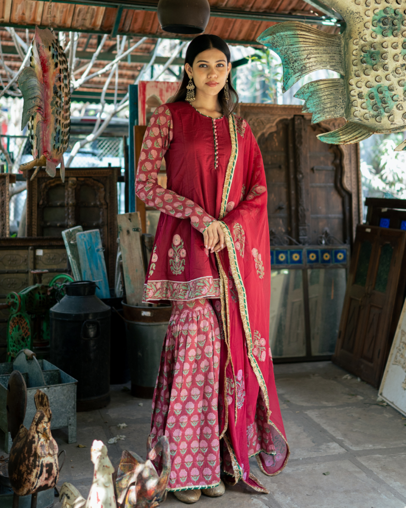 Wine Block Printed Anarkali Set- Size S