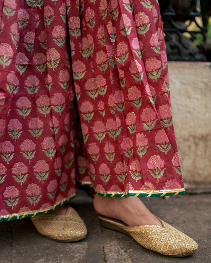 Wine Block Printed Anarkali Set cotton by Maison Shefali for women Worldwide