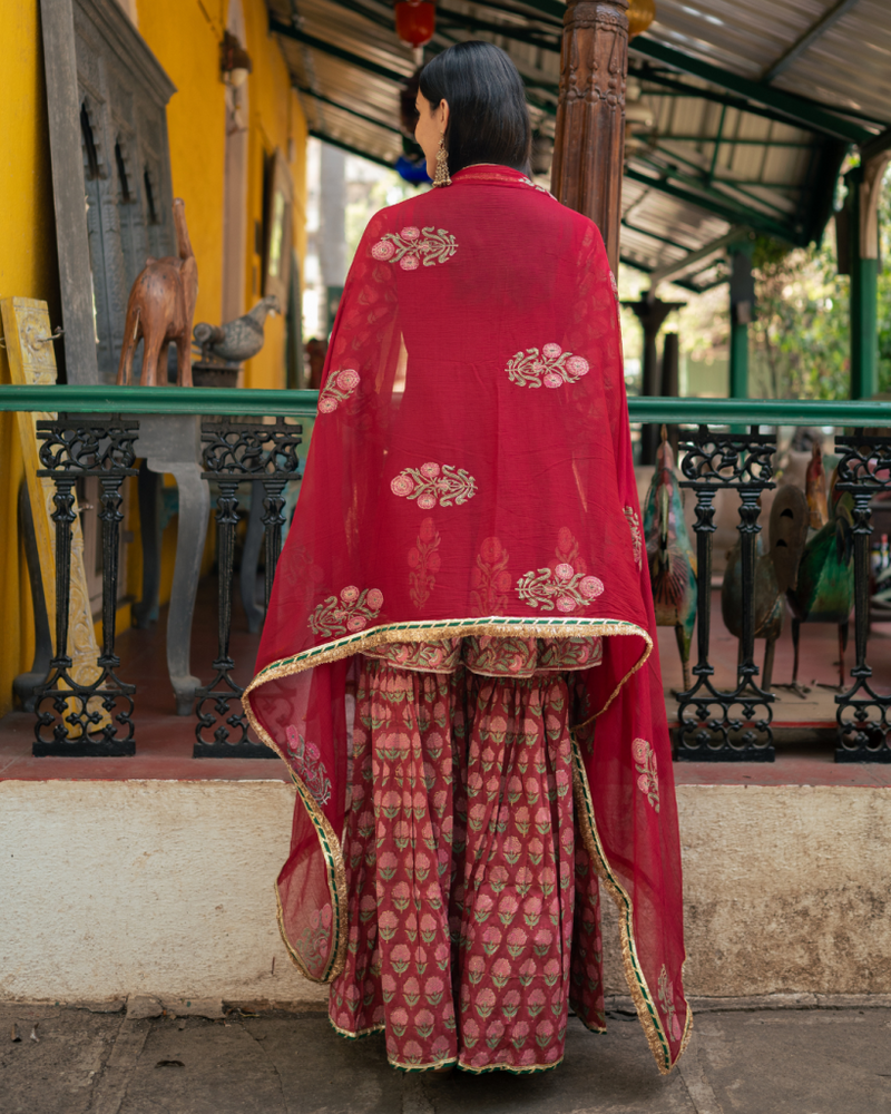 Wine Block Printed Anarkali Set cotton by Maison Shefali for women Worldwide