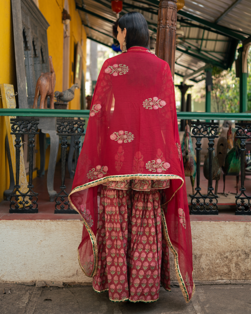 Wine Block Printed Anarkali Set