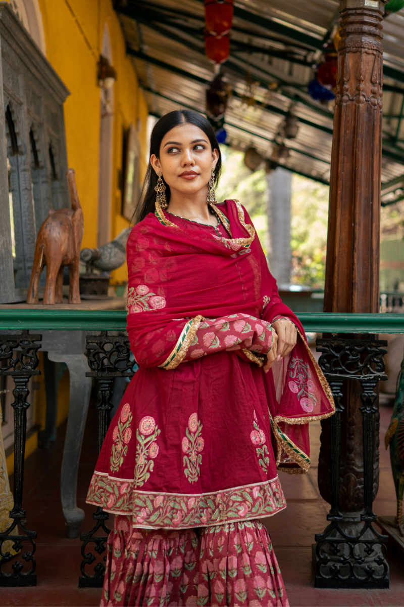 Wine Block Printed Anarkali Set cotton by Maison Shefali for women Worldwide